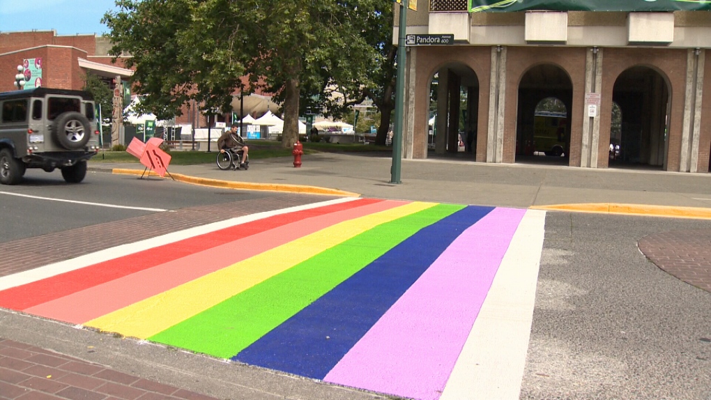 A rainbow crosswalk celebrating LGBTQ people is seen at Pandora and Broad streets in downtown Victoria, B.C., June 22, 2015. (CTV Vancouver Island)