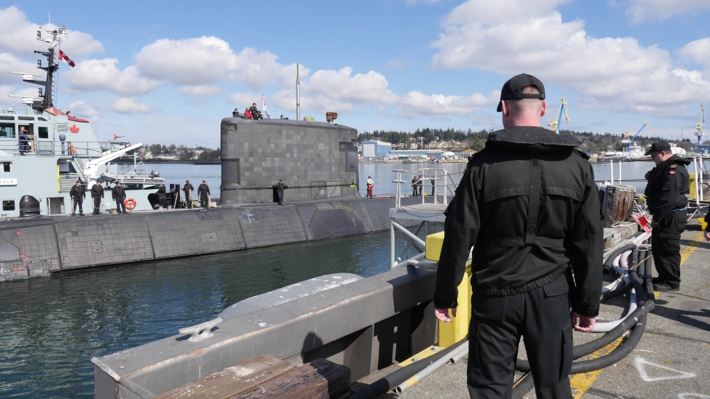 HMCS Chicoutimi at CFB Esquimalt after returning home from deployment in 2018. (CTV News)