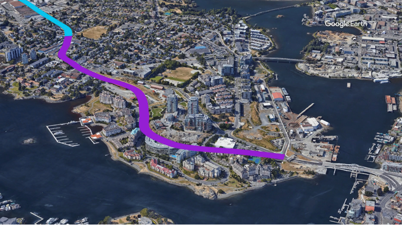 The route for the fourth phase of the E&N Rail Trail is noted in purple: (CTV News / Google Earth)