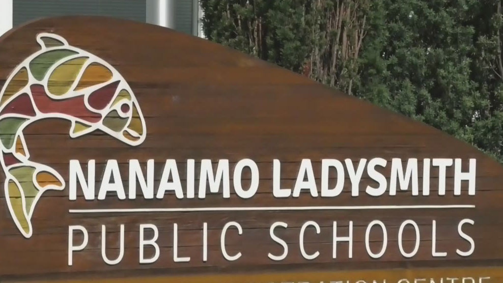 The Nanaimo Ladysmith Public Schools office sign is shown. (CTV News)