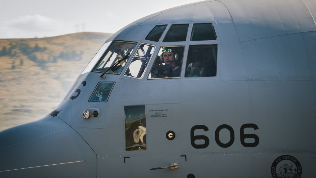 A CC-130J Hercules arrives at the Kamloops airport to assist with wildfire relief efforts on July 9, 2021. (Lt. Pamela Hogan/Canadian Armed Forces)