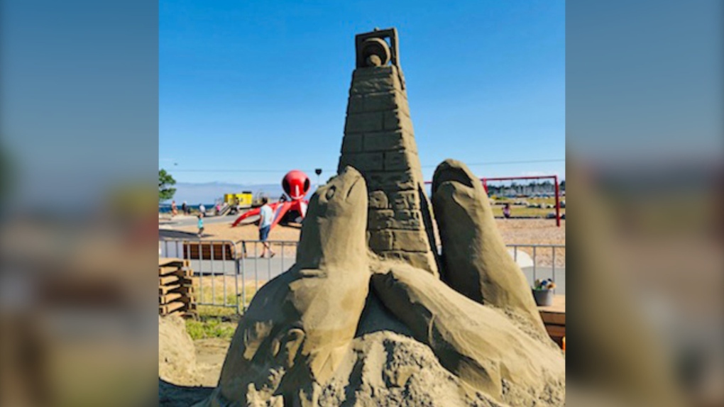 The Saved by the Bell sand sculpture by Ken Abrams is pictured. 2021 (District of Saanich)
