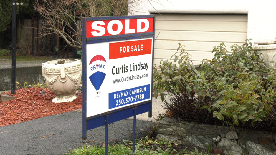 A sold sign at a home in Saanich is seen on Jan. 13, 2022. (CTV News) 