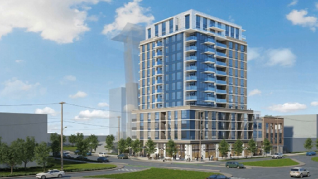 A rendering of the 16-storey purpose-built rental building is shown at the corner of Victoria’s Pandora Avenue and Vancouver Street: (Townline) 
