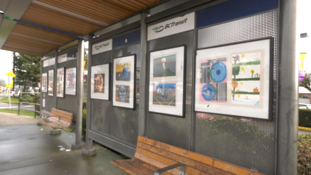 An art installation at a Sooke bus stop, set up by the Sooke Program for the Arts Committee, is shown.