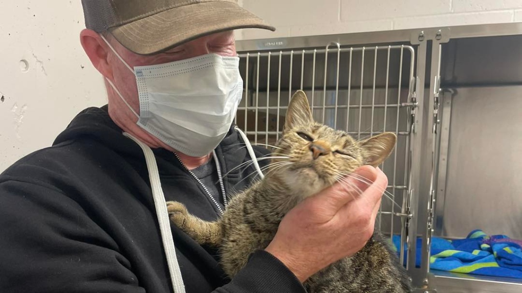 Hobbes the cat and his owner are shown. (BC SPCA Nanaimo Branch/Facebook)