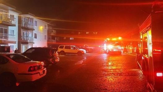 Fire trucks are pictured outside the Old Horizon apartment complex in Port Hardy, B.C. (Port Hardy Fire Department)