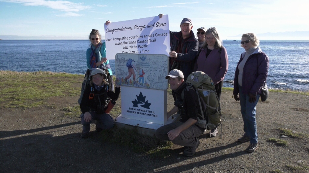 Richmond Hill, Ont., couple Sean Morton and Sonya Richmond finished their cross-country hike in Victoria, B.C., on Nov. 24, 2022. (CTV News)