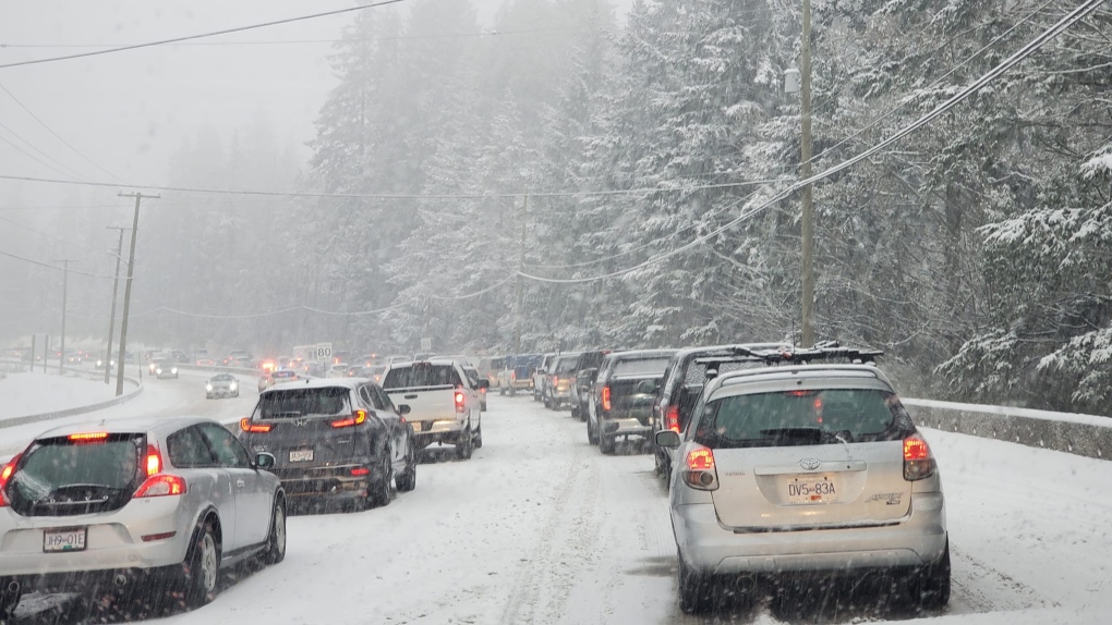 Vehicles are seen backed up along the Malahat during snowfall because of a stuck semi-truck. Nov. 29, 2022 (Matthew St Arnaud)