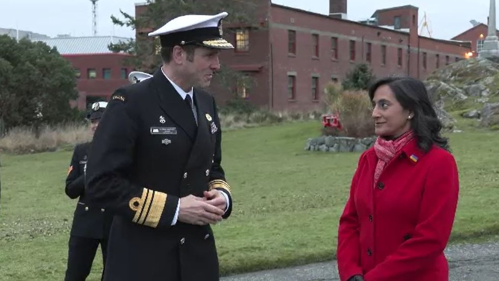 National Defence Minister Anita Anand, right, at Canadian Forces Base Esquimalt on Dec. 5, 2022. (CTV News)