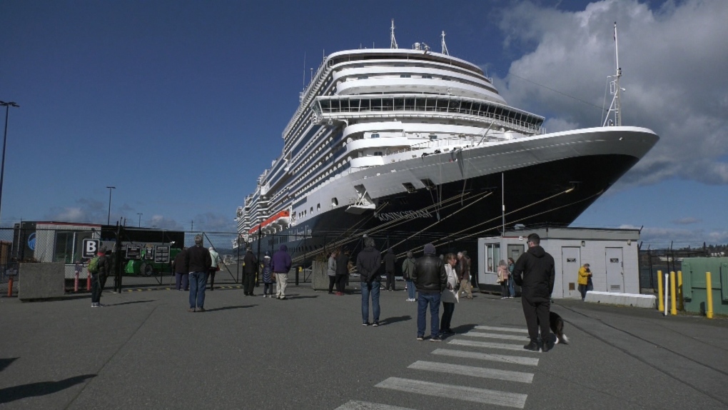 Locals in Victoria gathered to welcome Holland America's Koningsdam and its more than 1,200 passengers to the city's cruise ship dock at Ogden Point Saturday morning. April 9, 2022. (CTV News)