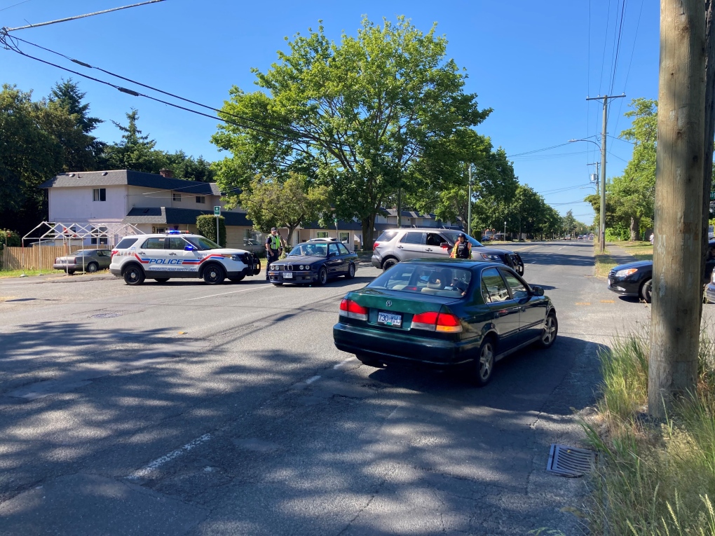 Police block Shelbourne Street at Knight Avenue in Saanich on Thursday, June 30, 2022. (CTV)
