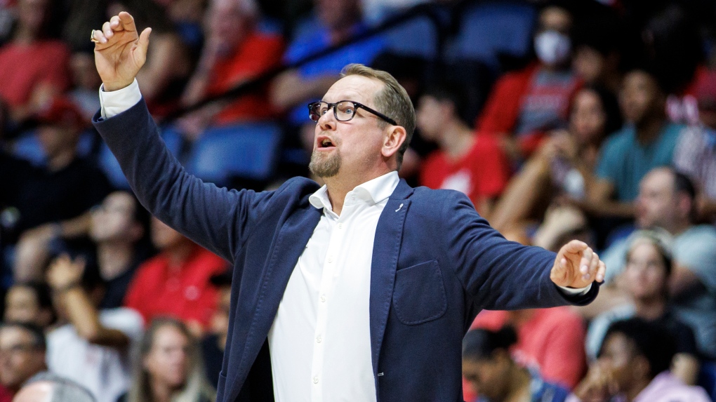 Canada's coach Nick Nurse yells to his team during first half FIBA international men's World Cup basketball qualifying action against Dominican Republic, in Hamilton, Ont., Friday, July 1, 2022. THE CANADIAN PRESS/Cole Burston