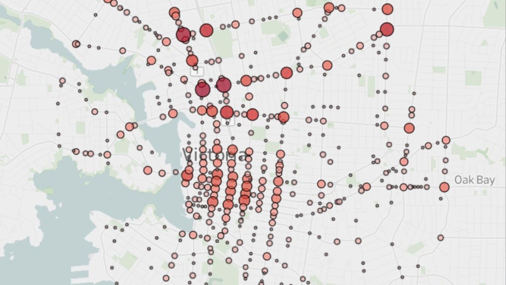 The location of crashes in Victoria in 2021 are shown. (ICBC/OpenStreetMap)