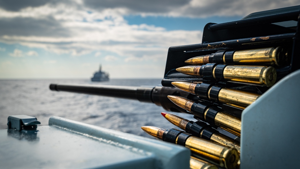 A .50-calibre Browning machine gun sits on the upper deck of HMCS Montreal on March 15, 2022. (Cpl. Braden Trudeau/Canadian Armed Forces)