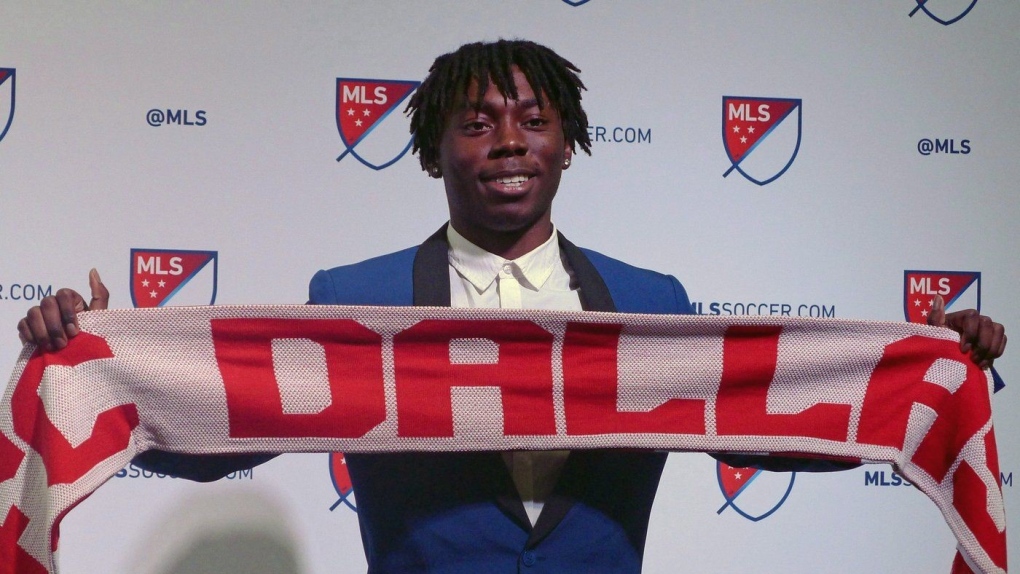 Canadian forward Adonijah Reid selected in the second round by FC Dallas poses at the MLS SuperDraft in Los Angeles on Friday, Jan. 13, 2017. (THE CANADIAN PRESS/Neil Davidson)