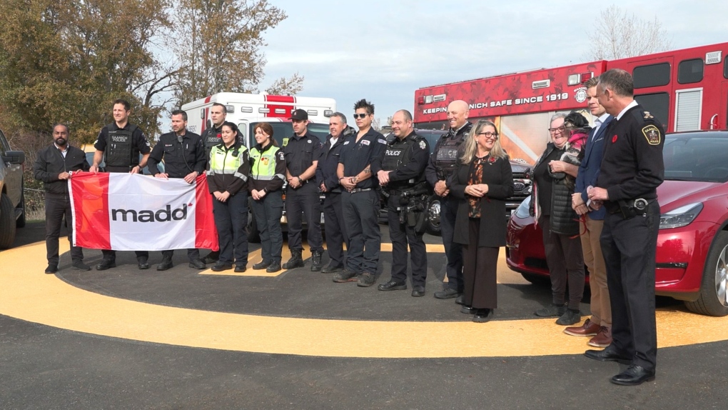First responders, politicians, MADD Canada and transportation stakeholders launch this years Red Ribbon Campaign at the Saanich police headquarters. (CTV News)