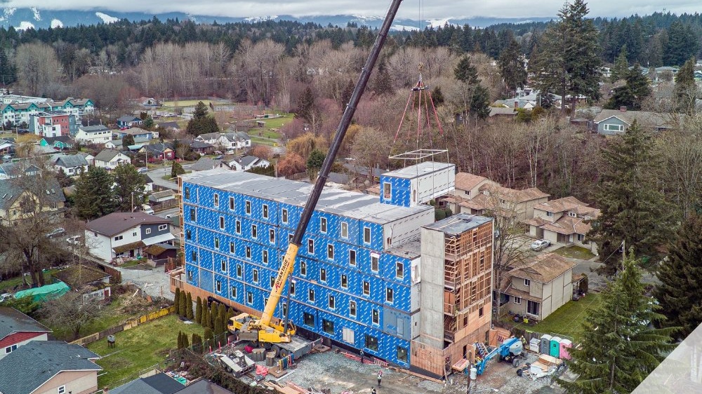 Modular housing is pictured under construction in Duncan, B.C., on March 28, 2023. (BC Housing/Twitter)