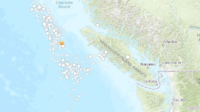 The earthquake was centred in the ocean approximately 181 kilometres from Port McNeill, B.C., at a depth of 10 kilometres. (USGS)