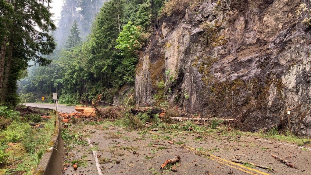 Debris is strewn across Highway 4 on Vancouver Island in a Tuesday, June 13, 2023, handout photo. Highway 4 on Vancouver Island was reopening Friday afternoon after being closed for more than two weeks over wildfire concerns. THE CANADIAN PRESS/HO-B.C. Ministry of Transportation and Infrastructure