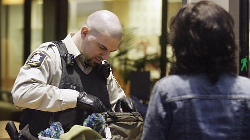 A court sheriff searches a woman's belongings upon entering B.C. Supreme Court in New Westminster. (The Canadian Press/Richard Lam)